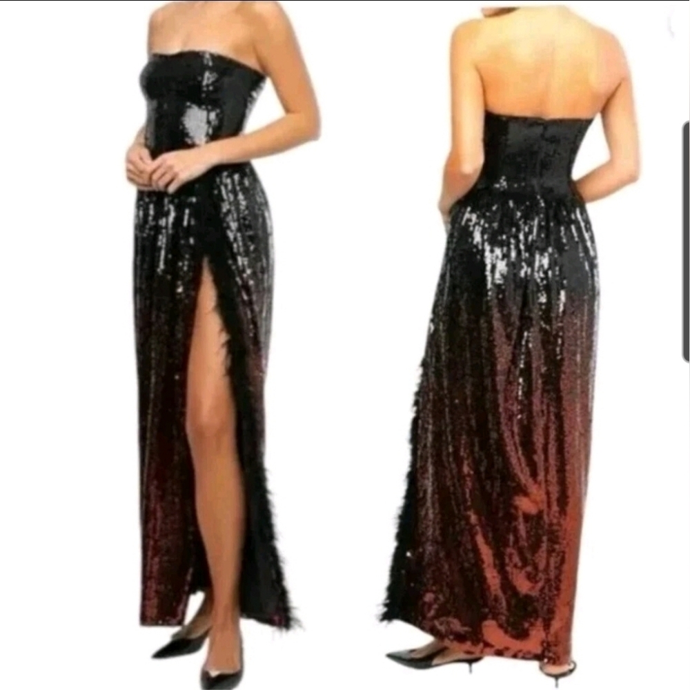 NWT Size 8 WeWoreWhat Feathered Black & Bronze Ombre Sequin Gown